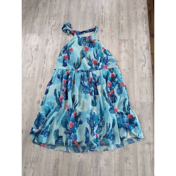 Modcloth Blogger The Better Cactus Halter Dress women's sz 4X blue green cactus - Picture 2 of 12
